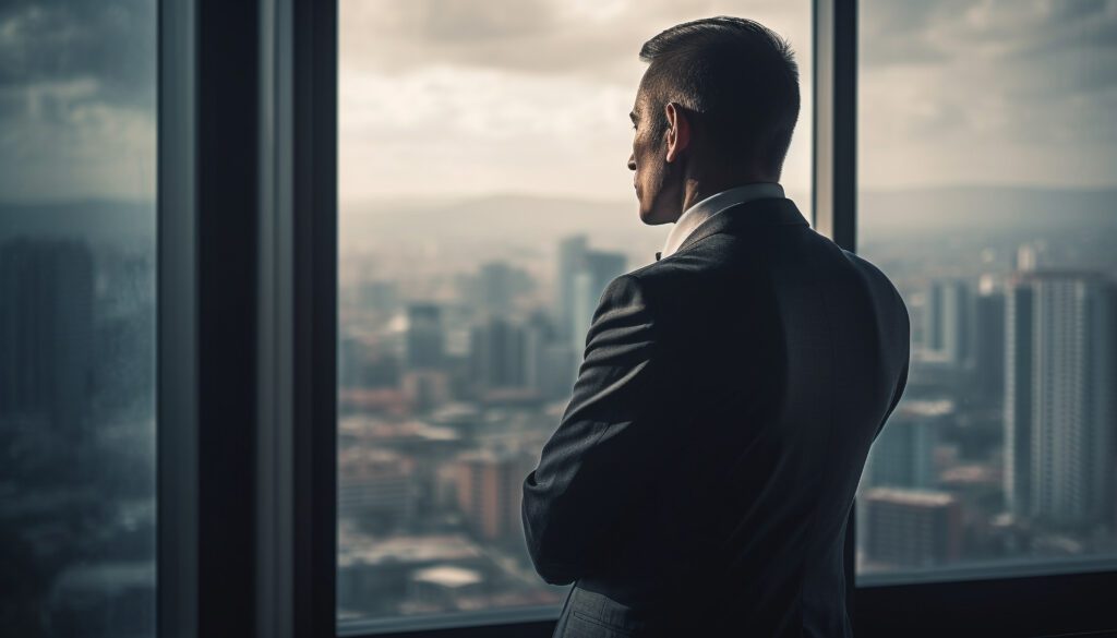 Sobre 1 empresario confiante assistindo o por do sol da cidade atraves da janela gerada pela ia